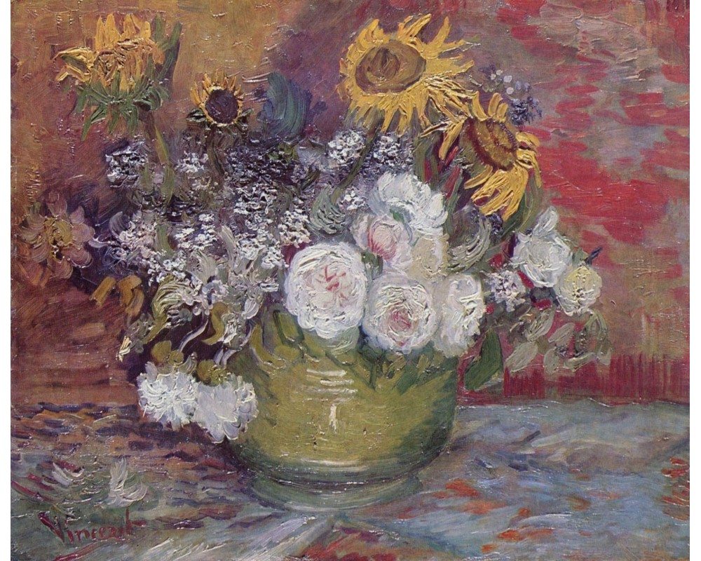 A Bowl with Sunflowers, Roses and Other Flowers