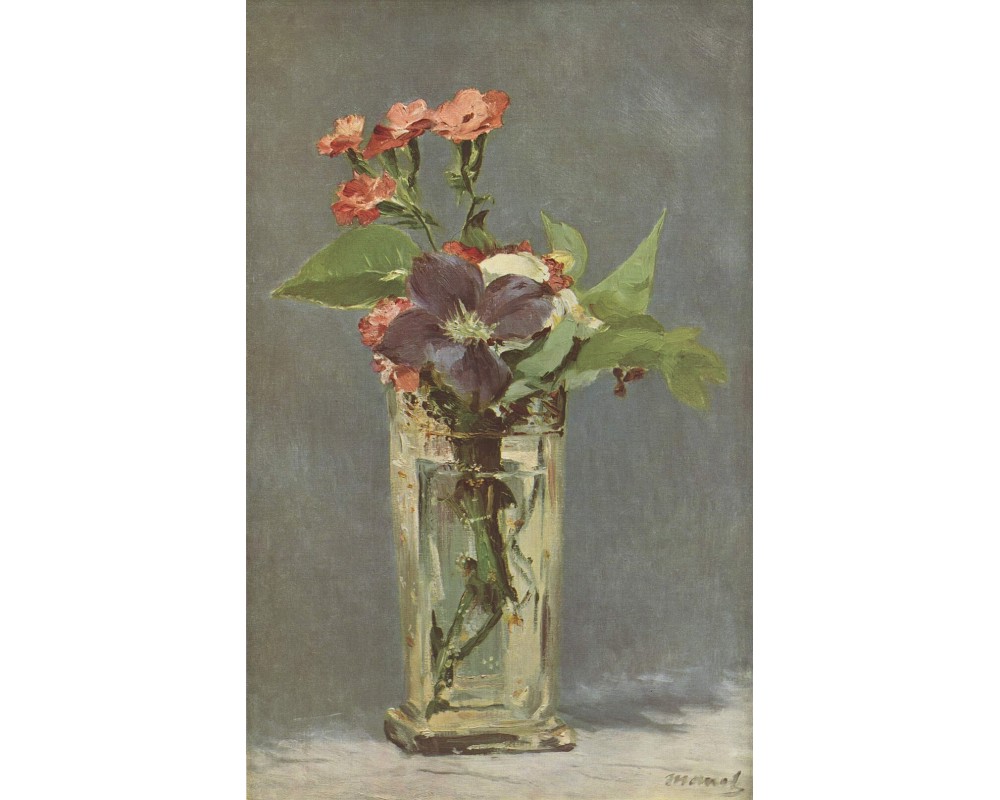 Carnations and Clematis in a Crystal Vase