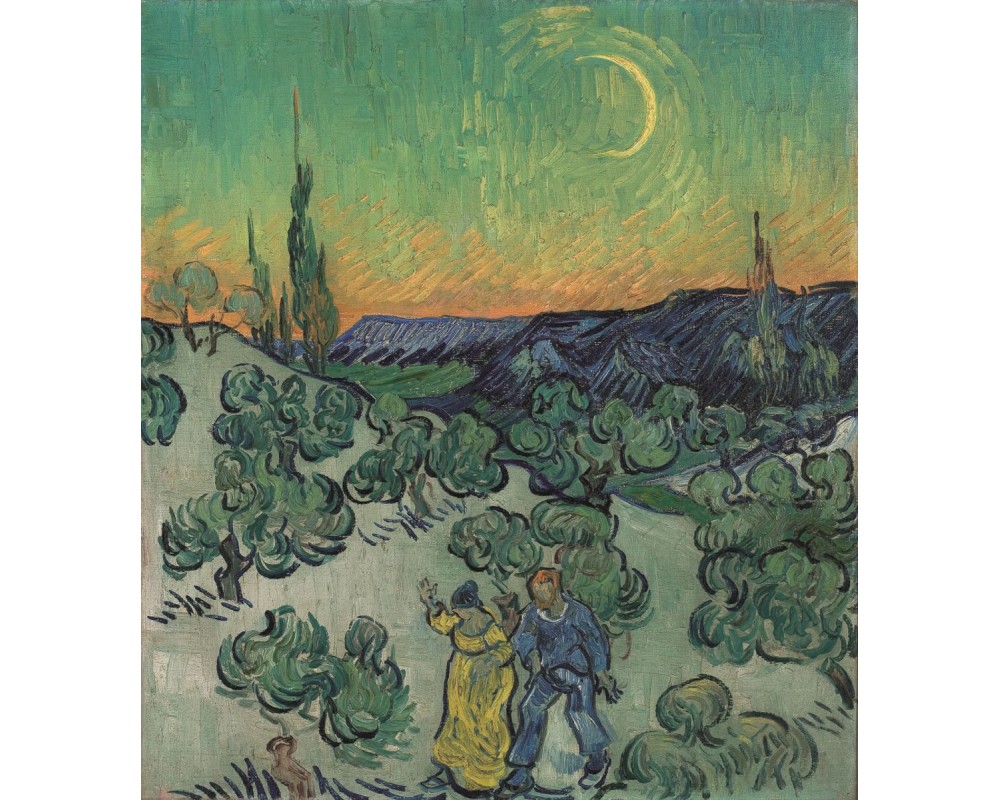 Couple Walking among Olive Trees in a Mountainous Landscape with Crescent Moon