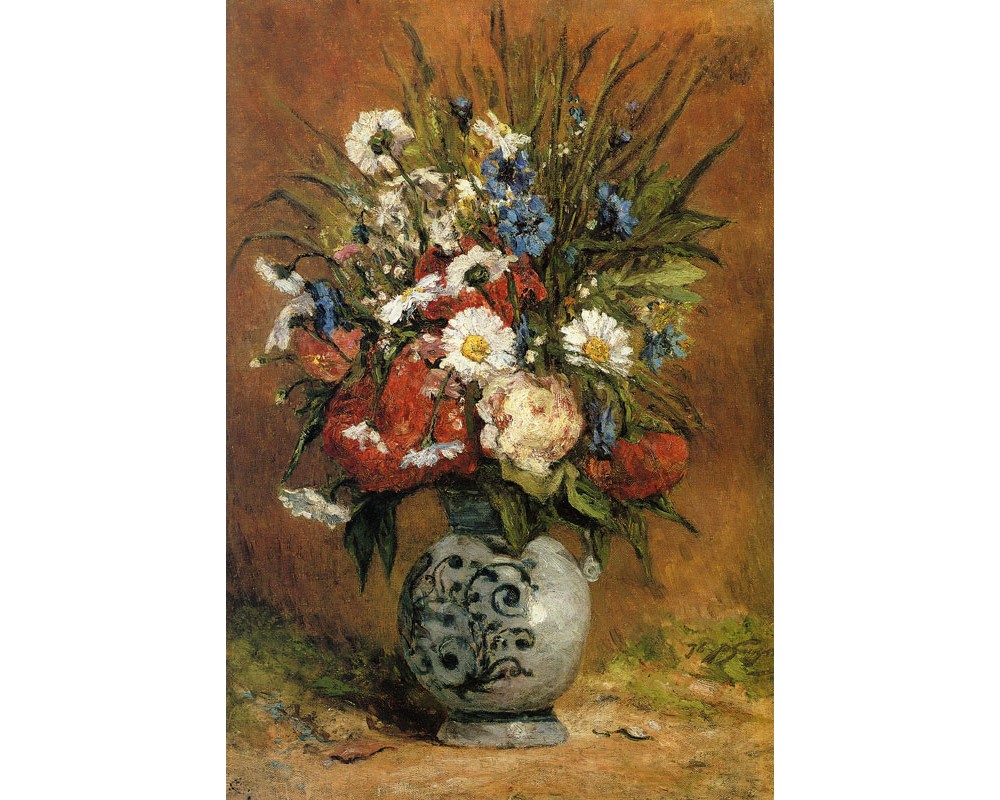 Daisies and Peonies in a Blue Vase