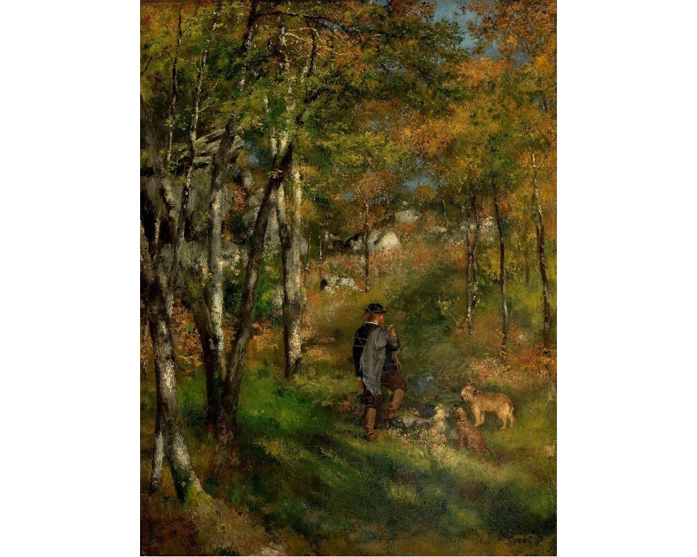 Jules Le Coeur and his dogs in the forest of Fontainebleau