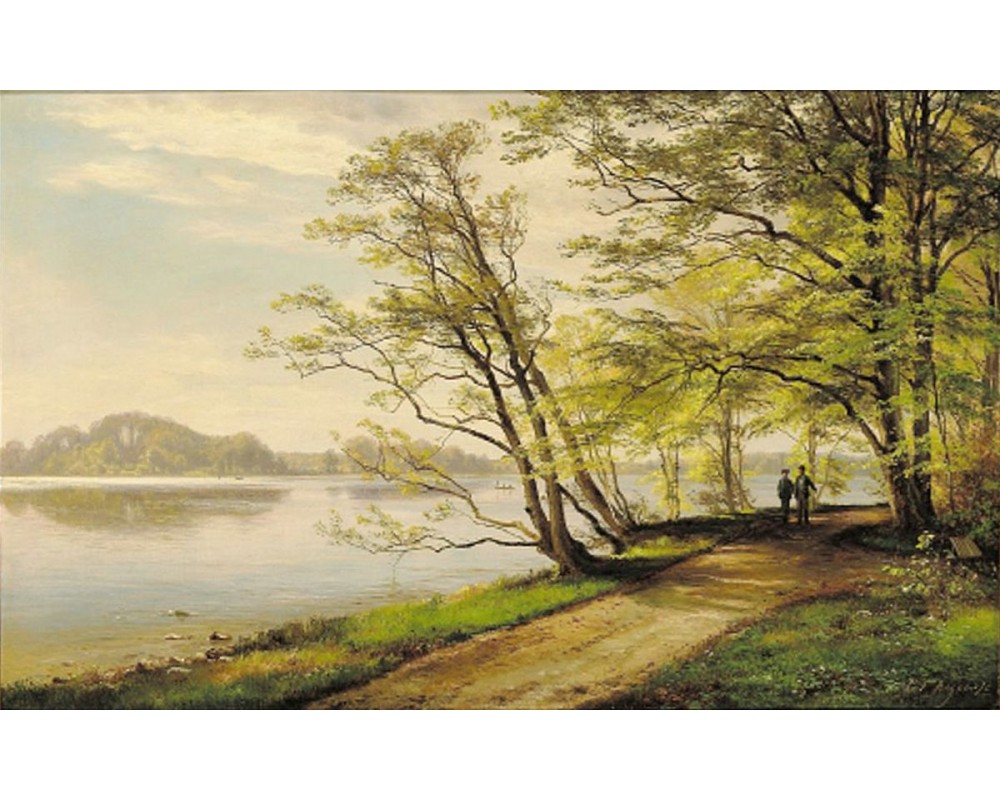 People walking near a lake in springtime