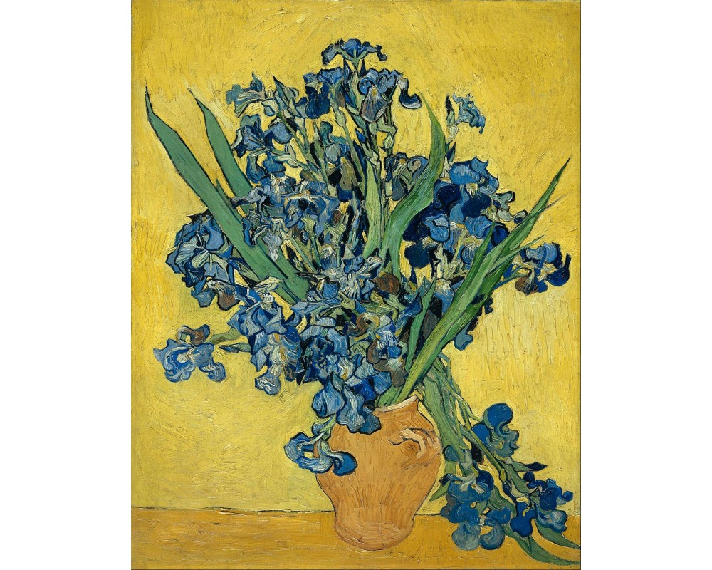 Vase with Irises Against a Yellow Background